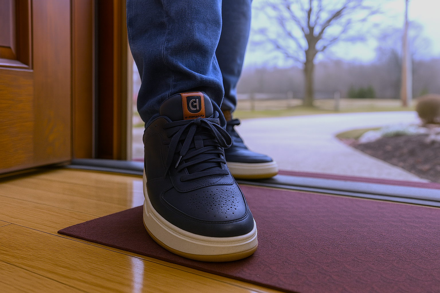 Close-up of a man wearing blue shoes standing at an open doorway, symbolizing kindness and gratitude walking home.